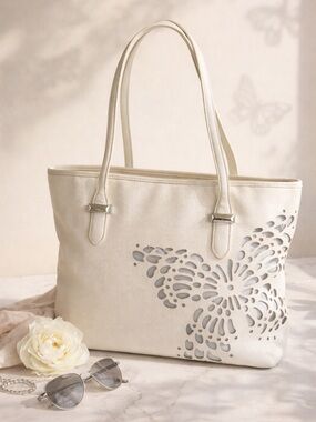 SNOB ESSENTIALS Butterfly Tote Bag Cream Shoulder Handbag Cutout Purse Off-White